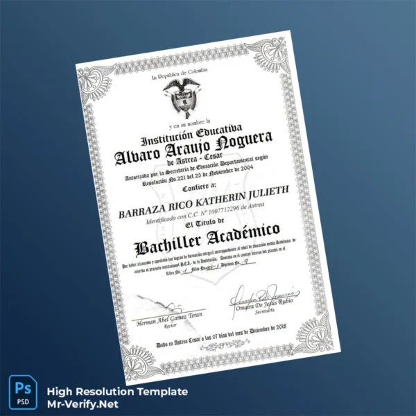 Printable Colombia Institución Educativa Álvaro Araujo Noguera High School Diploma Image Preview - PrintDocs